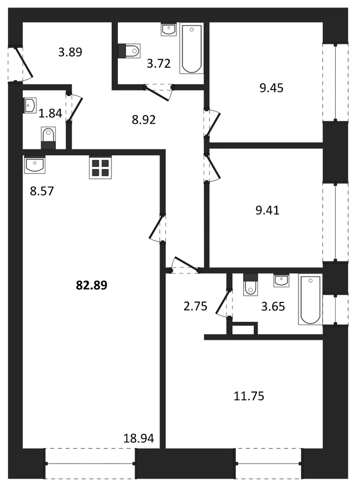 Планировка: 3-комн., 82,9 м²