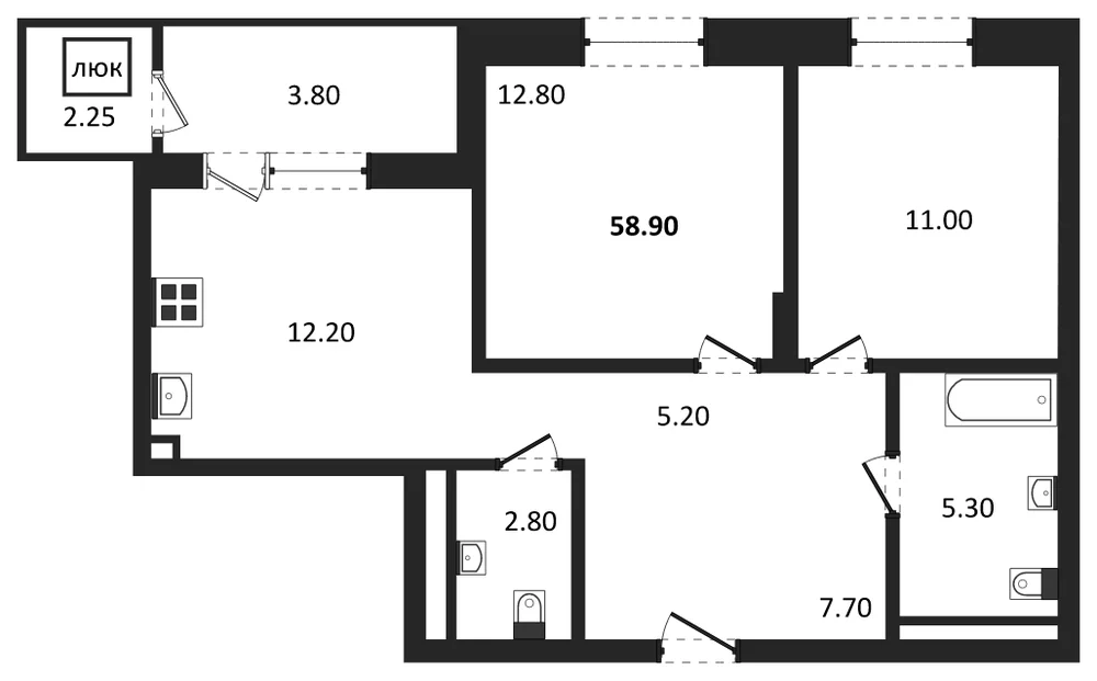 Планировка: 2-комн., 58,9 м²