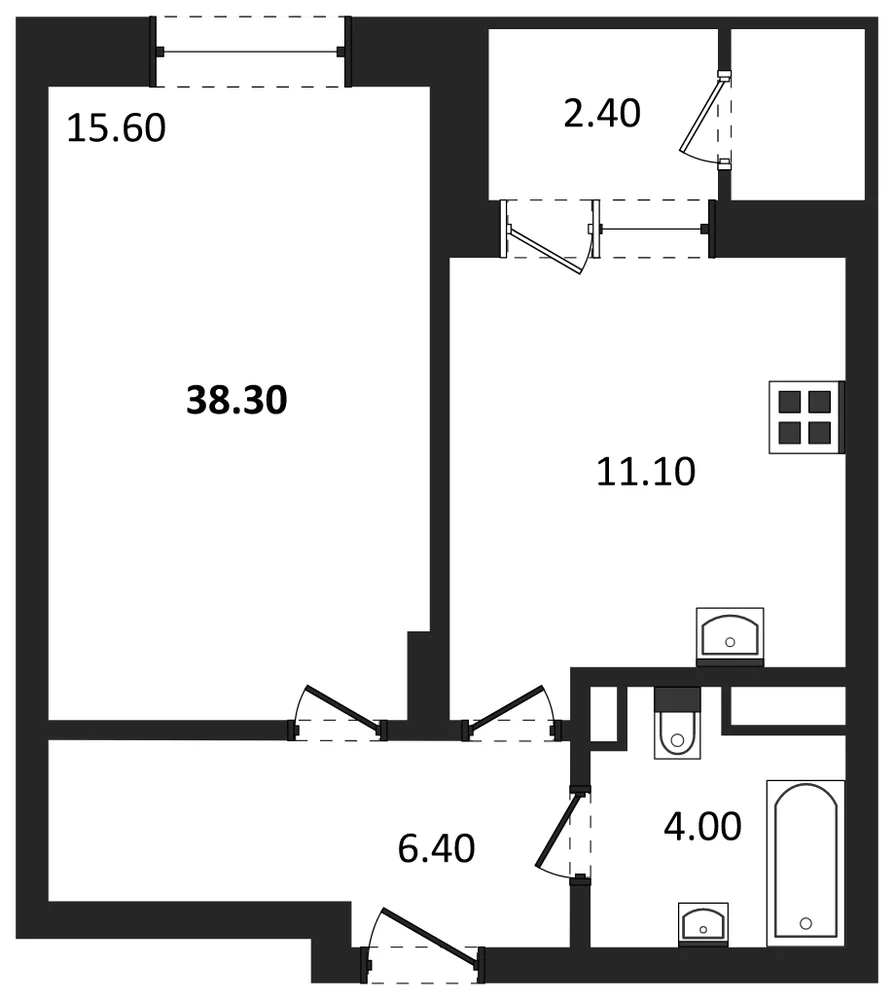 Планировка: 1-комн., 38,3 м²