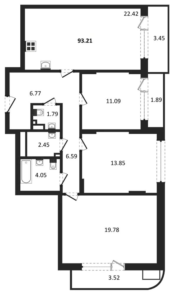 Планировка: 3-комн., 93,2 м²