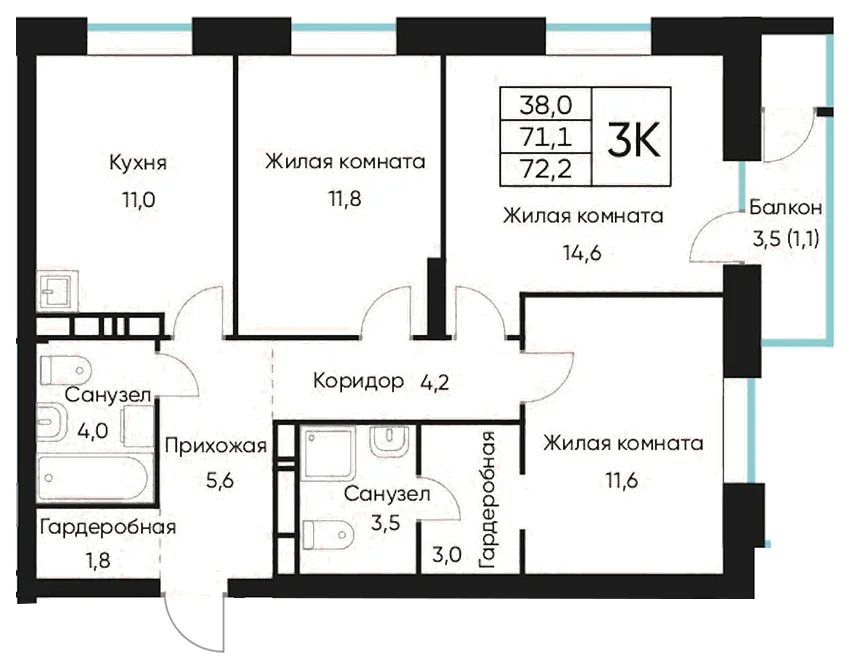 Планировка: 3-комн., 72,2 м²