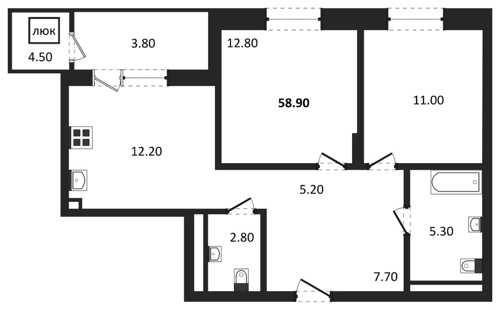 Планировка: 2-комн., 58,9 м²