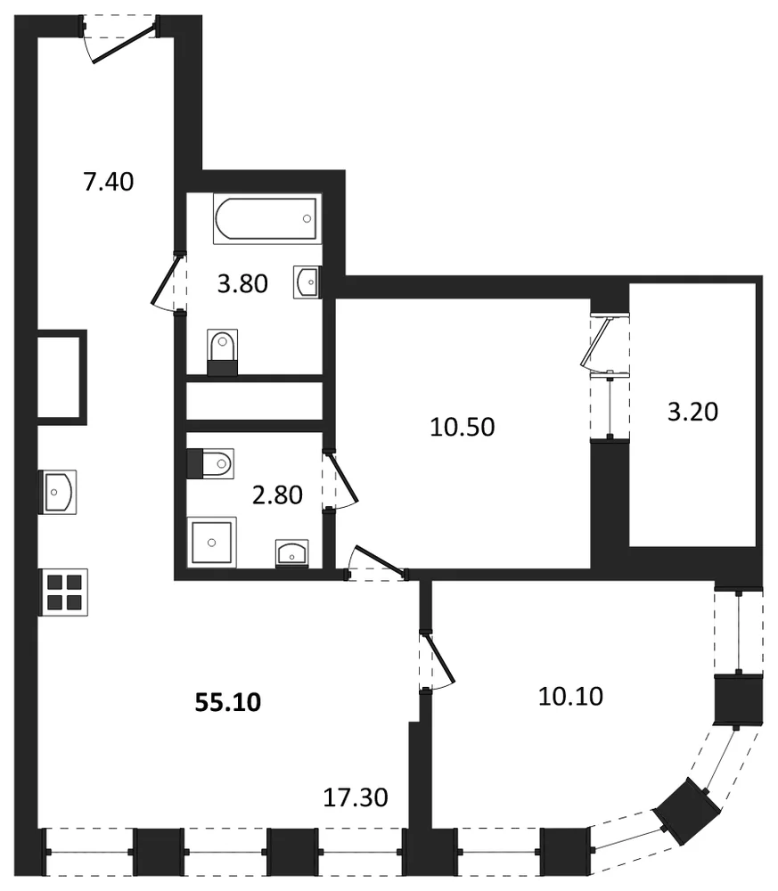 Планировка: 2-комн., 53,5 м²