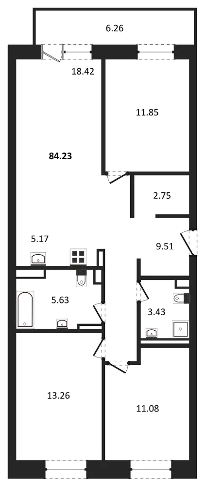 Планировка: 3-комн., 84,2 м²