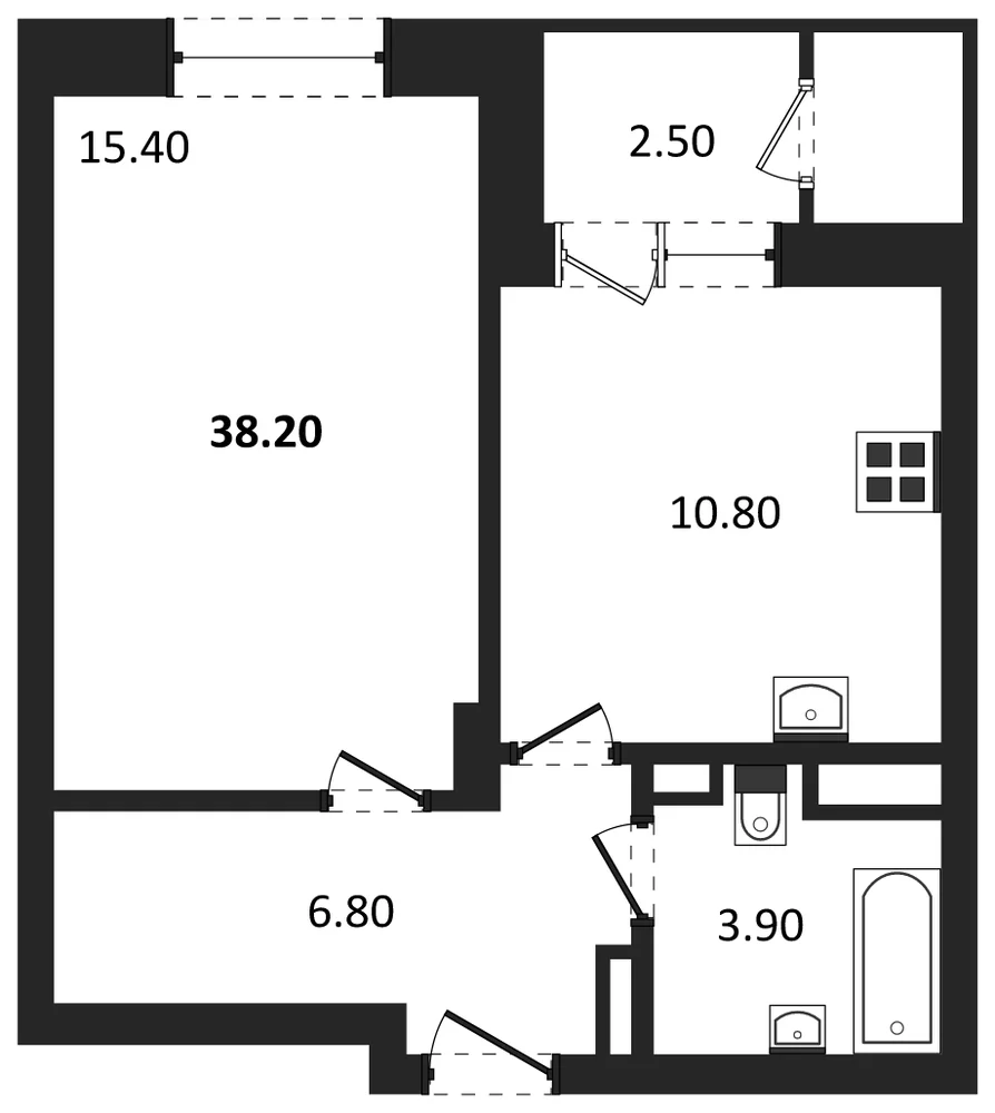 Планировка: 1-комн., 38,2 м²