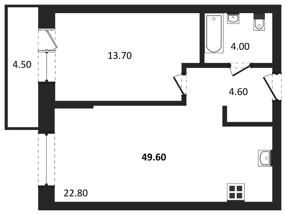 Планировка: 1-комн., 46,5 м²
