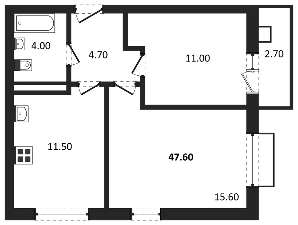 Планировка: 2-комн., 47,6 м²