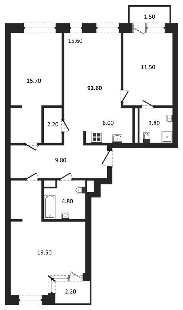 Планировка: 3-комн., 92,6 м²