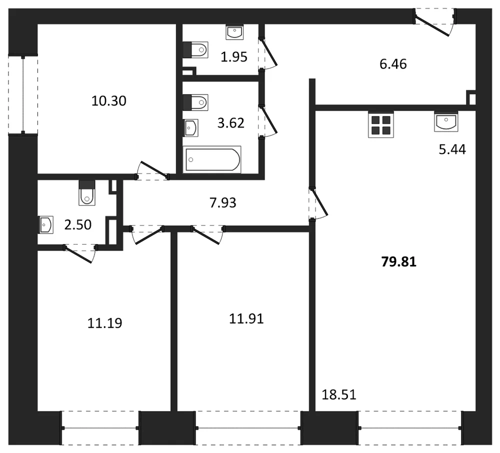 Планировка: 3-комн., 79,8 м²