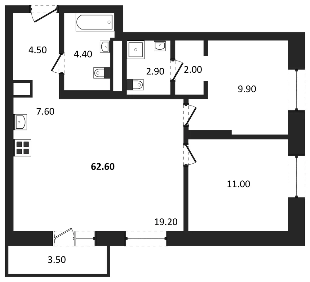 Планировка: 2-комн., 62,6 м²