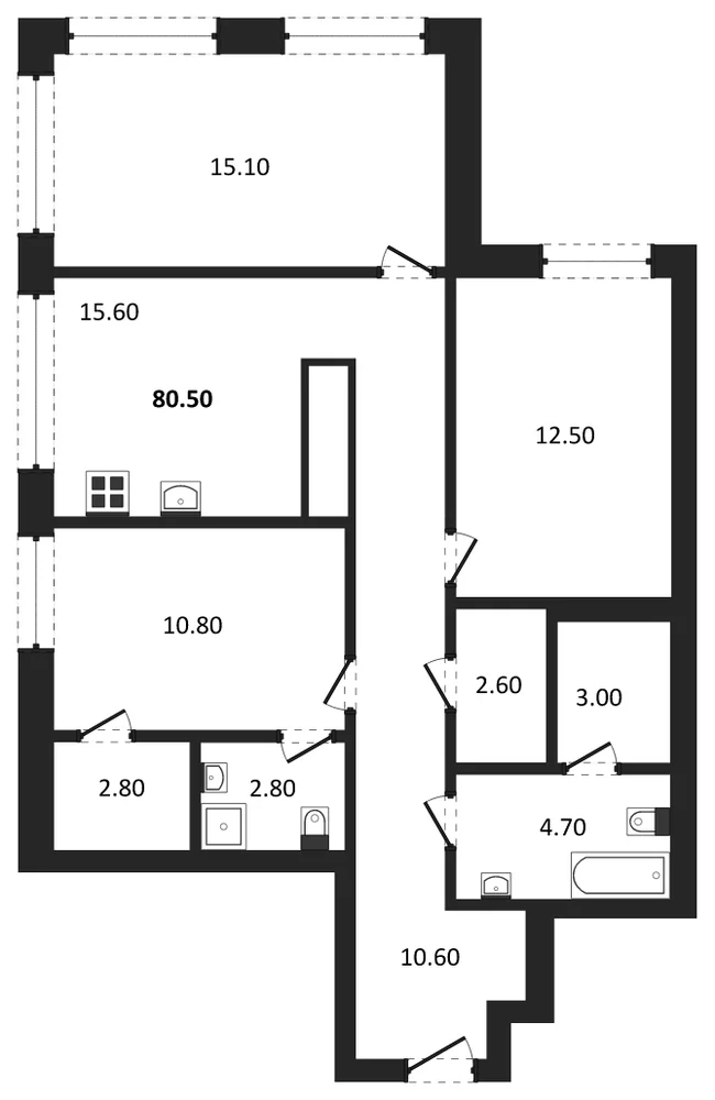Планировка: 3-комн., 80,5 м²