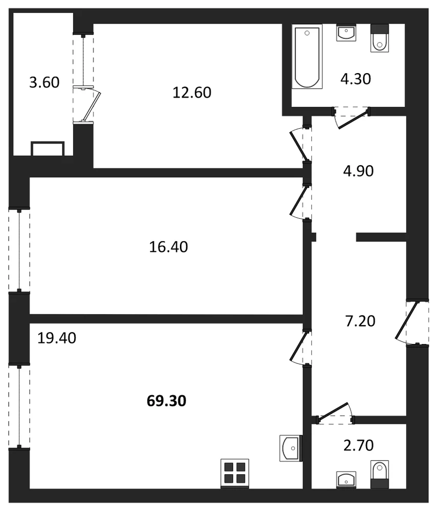 Планировка: 2-комн., 69,3 м²