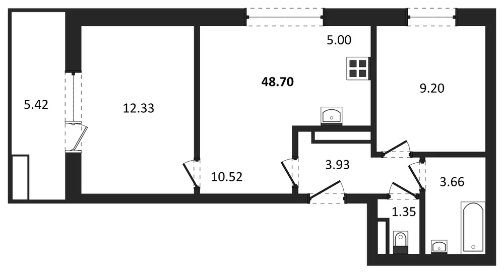 Планировка: 2-комн., 48,7 м²