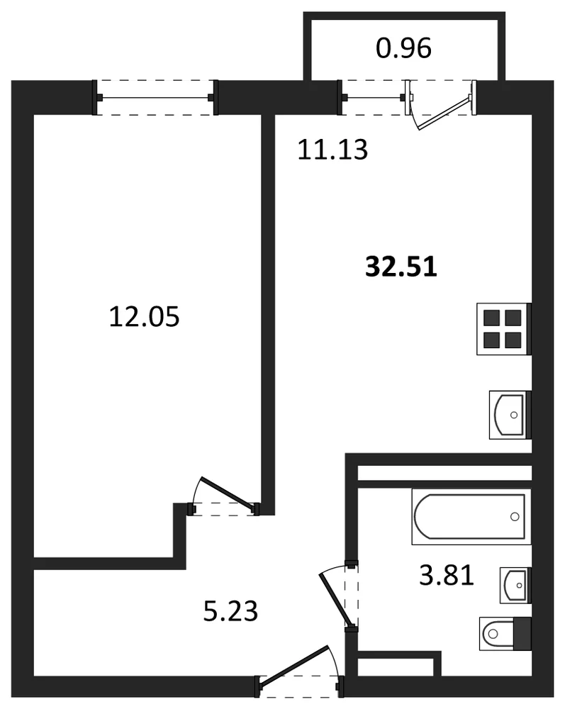 Планировка: 1-комн., 32,5 м²