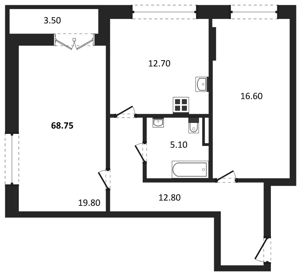Планировка: 2-комн., 68,6 м²