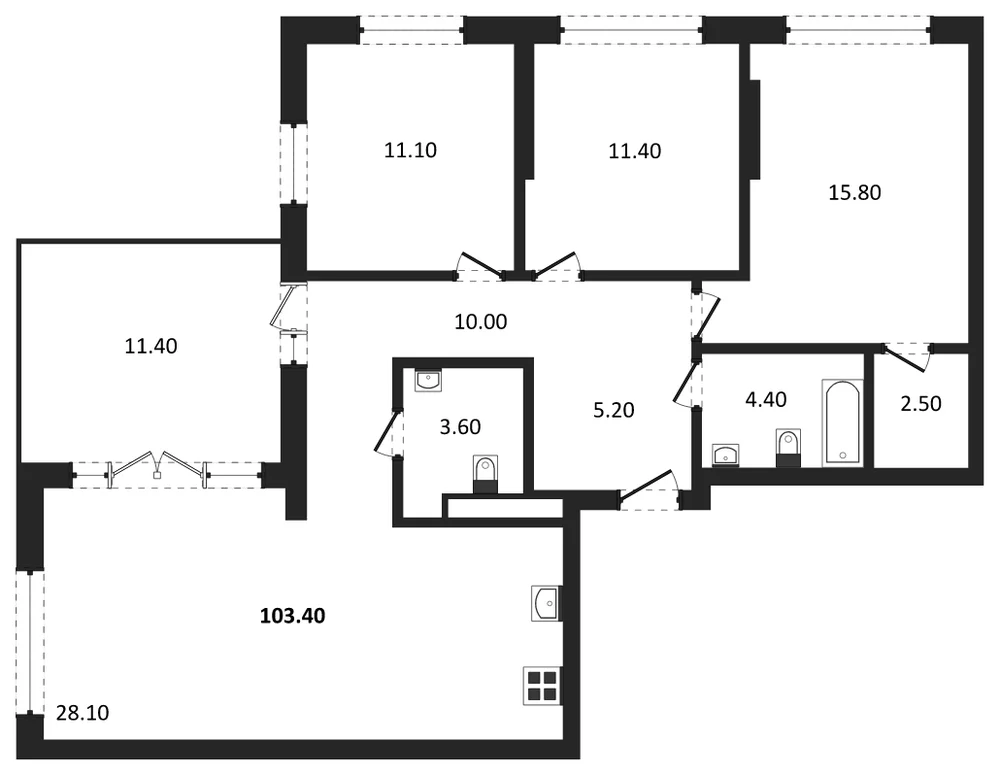 Планировка: 3-комн., 103,4 м²