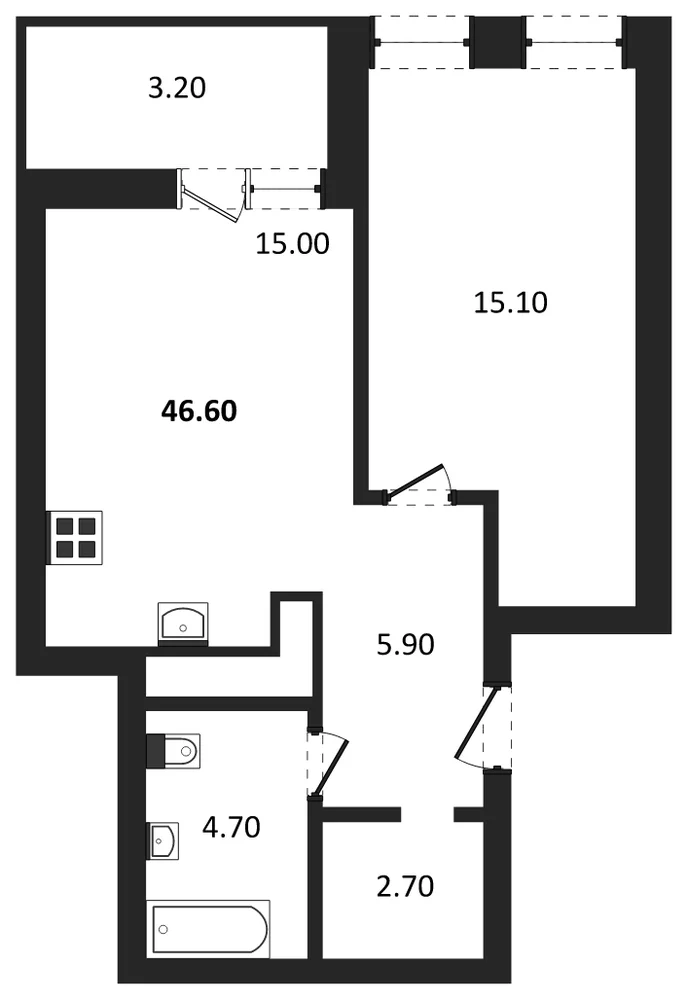 Планировка: 1-комн., 45 м²