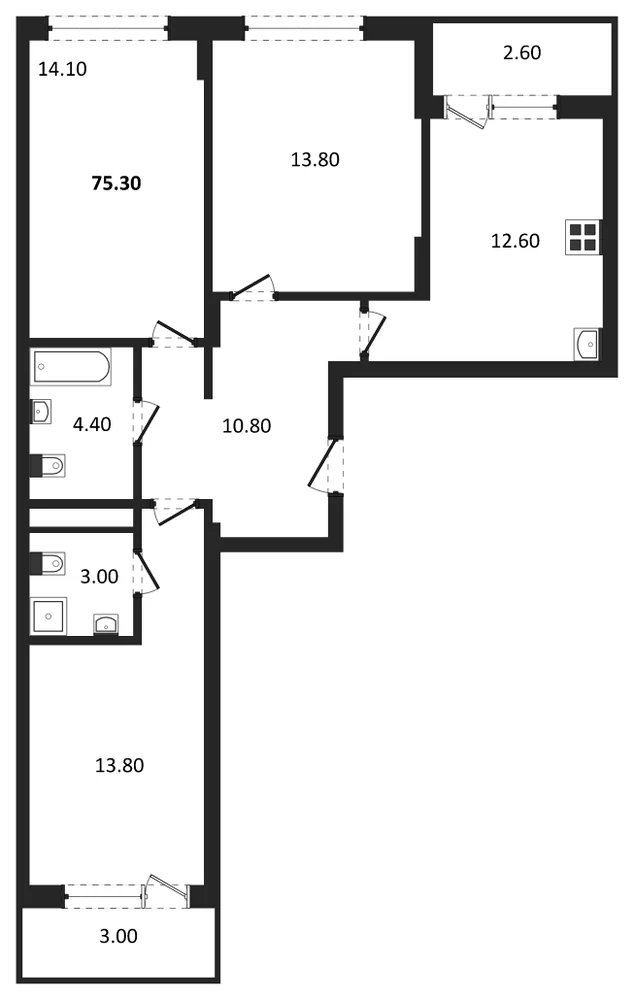 Планировка: 3-комн., 75,3 м²