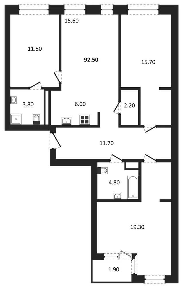 Планировка: 3-комн., 92,5 м²