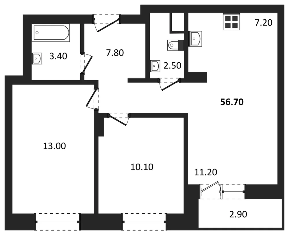 Планировка: 2-комн., 56,7 м²