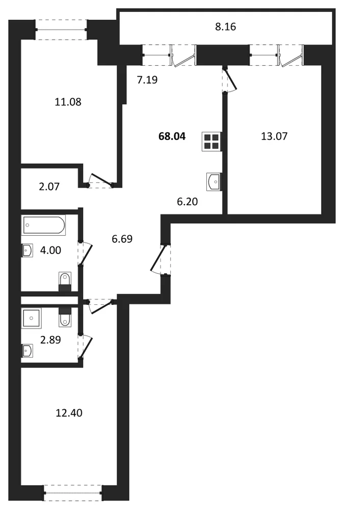 Планировка: 3-комн., 68 м²