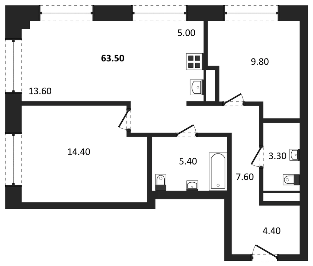 Планировка: 3-комн., 63,5 м²