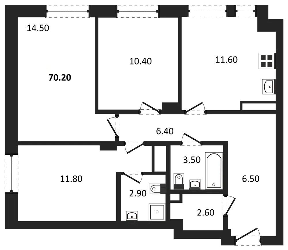 Планировка: 3-комн., 70,2 м²