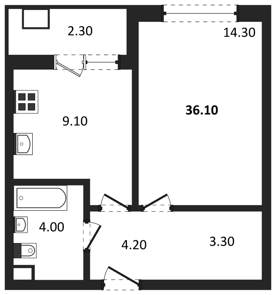 Планировка: 1-комн., 36,2 м²