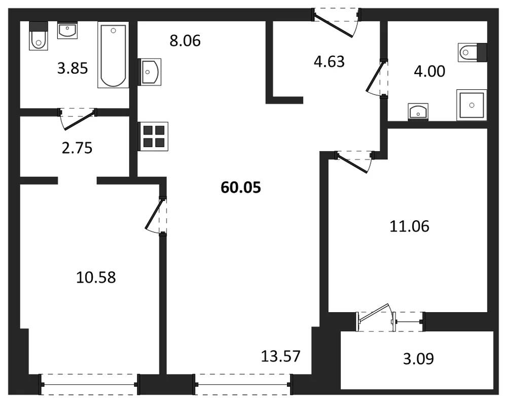 Планировка: 2-комн., 60,1 м²