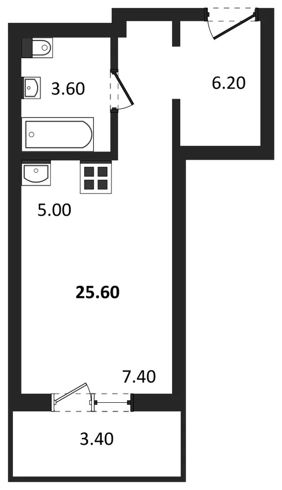 Планировка: Студия, 25,6 м²