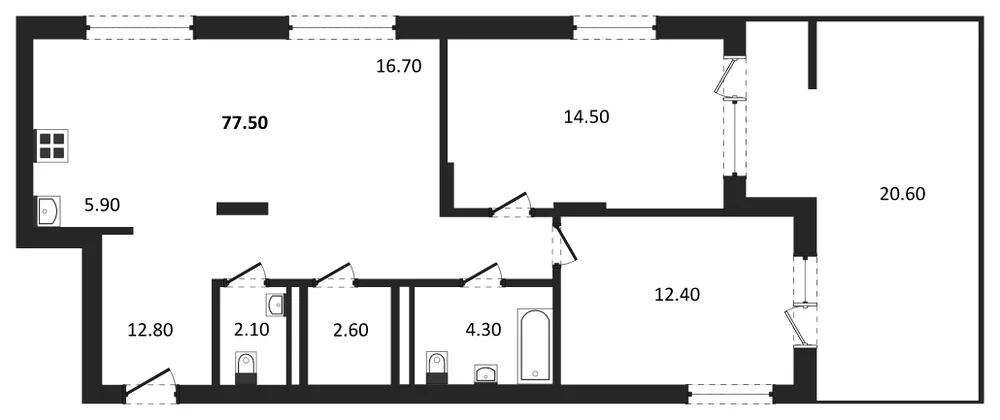 Планировка: 2-комн., 77,5 м²