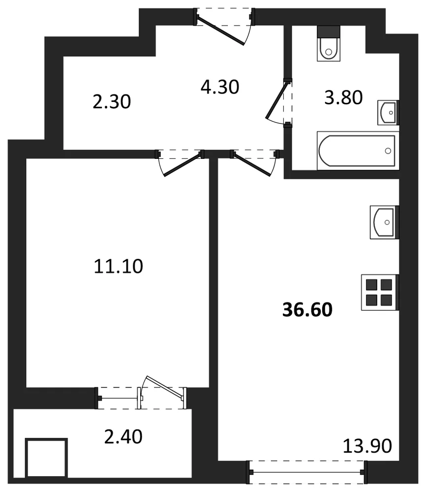 Планировка: 1-комн., 36,6 м²