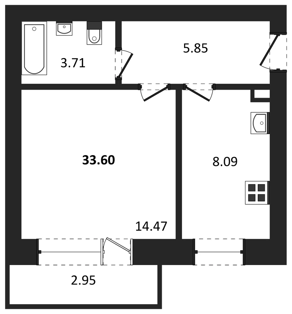 Планировка: 1-комн., 33,6 м²