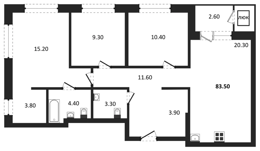 Планировка: 3-комн., 83,5 м²