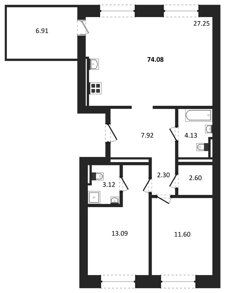 Планировка: 2-комн., 74,1 м²