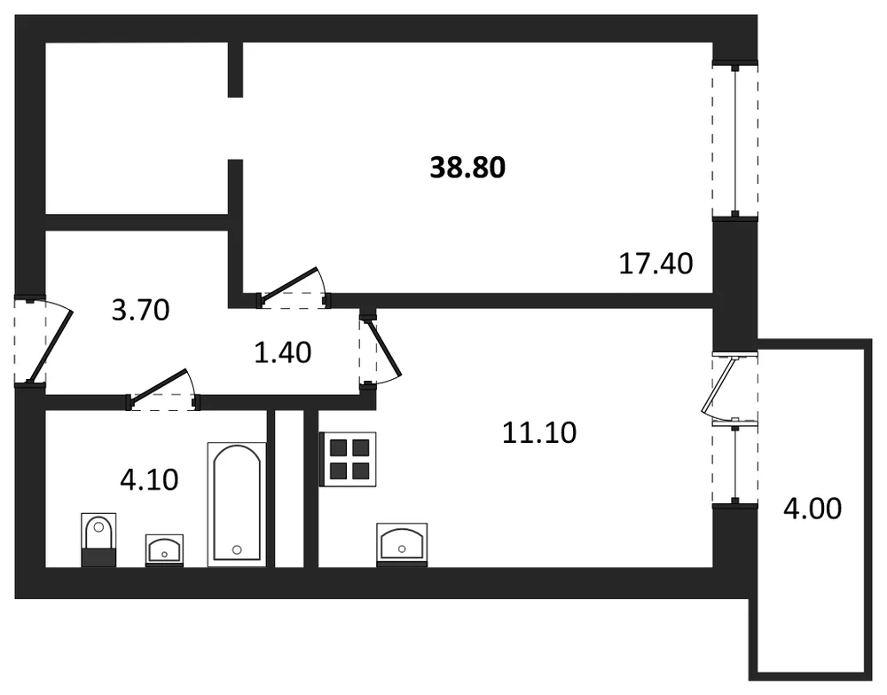 Планировка: 1-комн., 38,8 м²