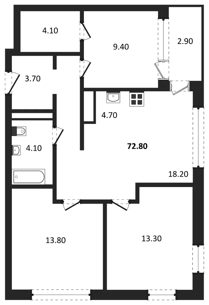 Планировка: 3-комн., 72,8 м²