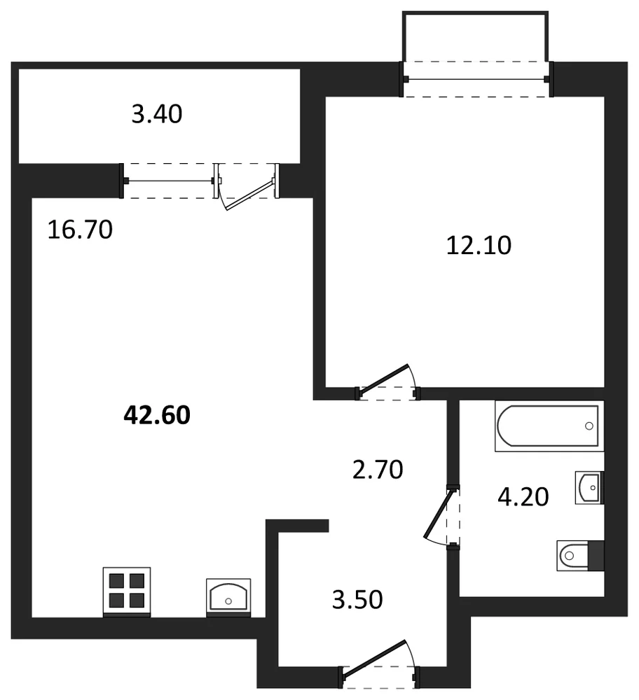 Планировка: 1-комн., 42,6 м²