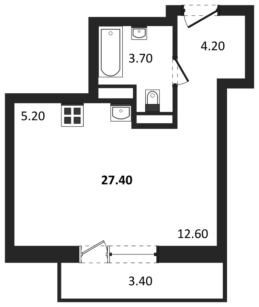 Планировка: Студия, 27,4 м²