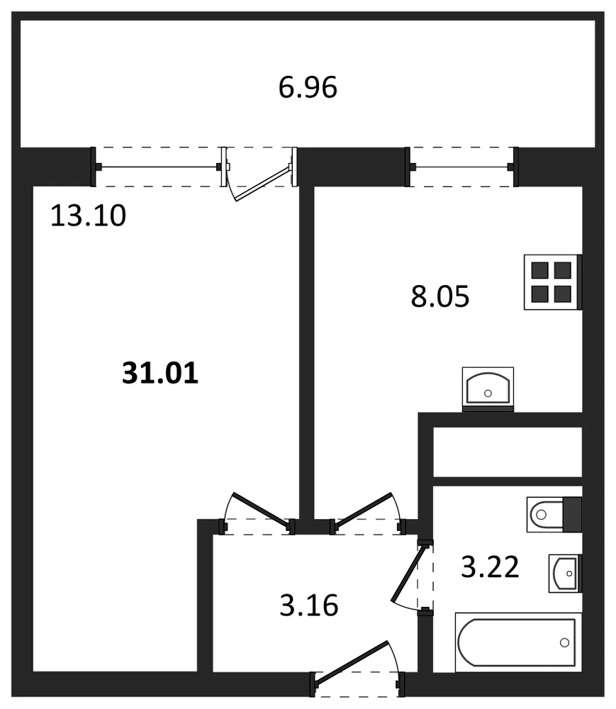 Планировка: 1-комн., 31 м²