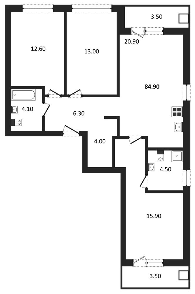 Планировка: 3-комн., 84,9 м²