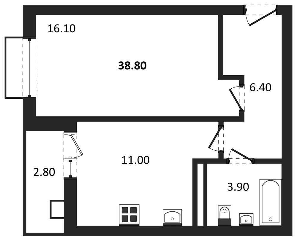 Планировка: 1-комн., 38,8 м²