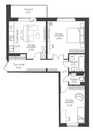 Планировка: 2-комн., 67,4 м²