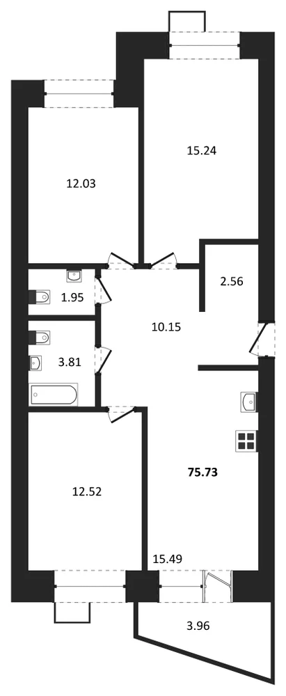 Планировка: 3-комн., 75,6 м²