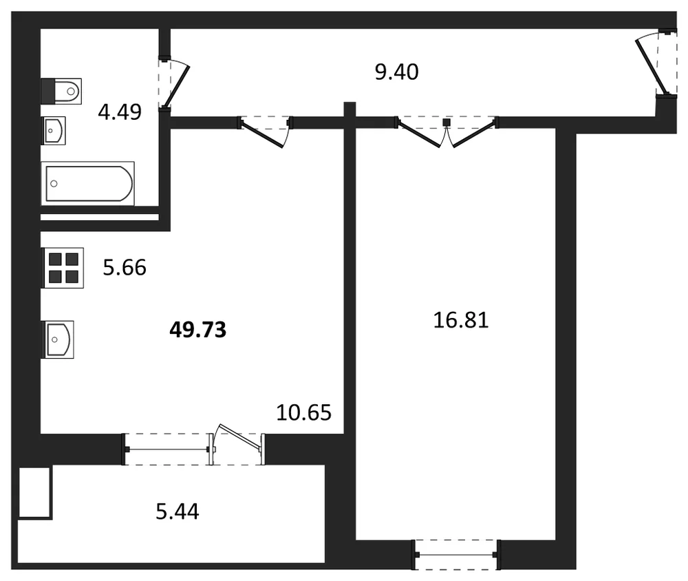 Планировка: 1-комн., 46,2 м²