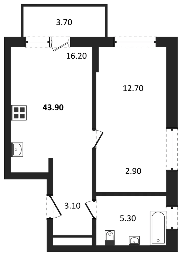 Планировка: 1-комн., 41,3 м²