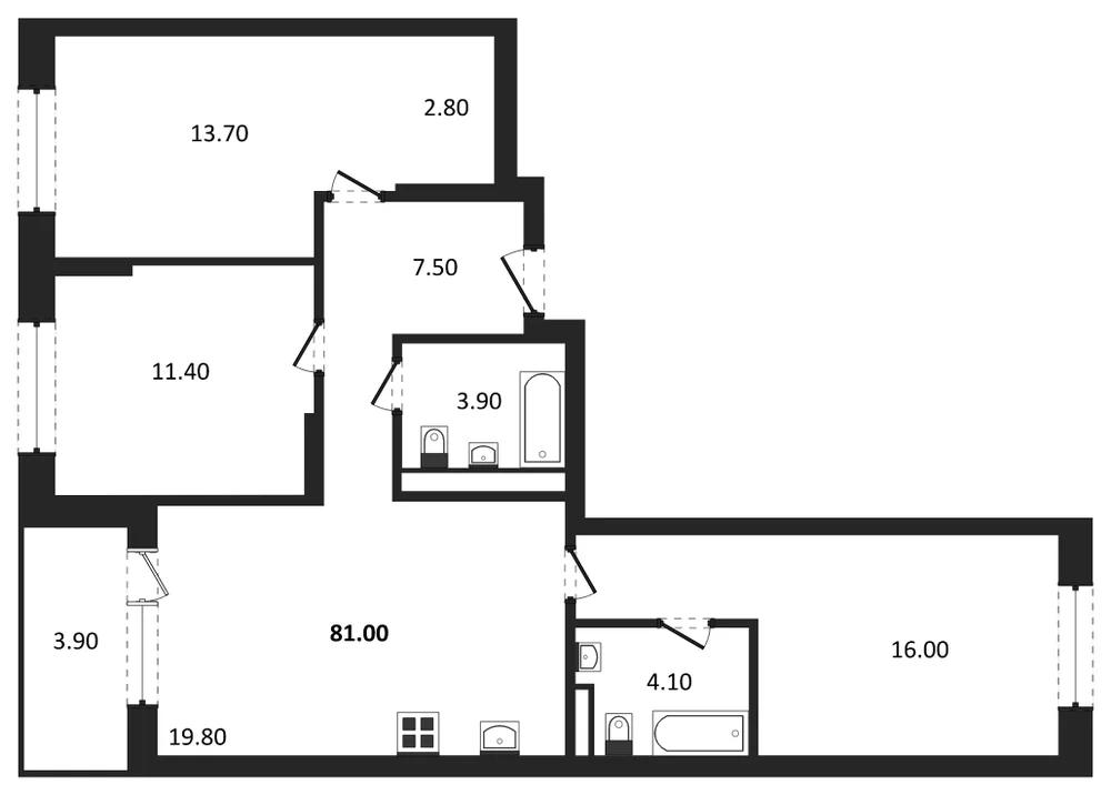 Планировка: 3-комн., 81 м²