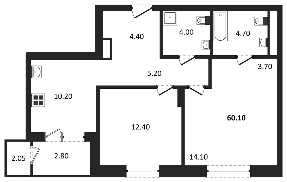 Планировка: 2-комн., 60,1 м²