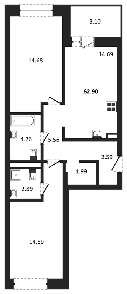 Планировка: 2-комн., 62,9 м²