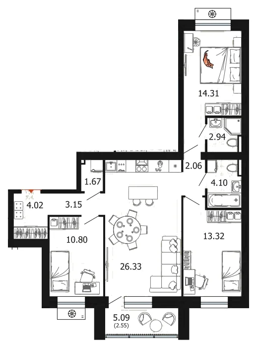 Планировка: 3-комн., 85,3 м²